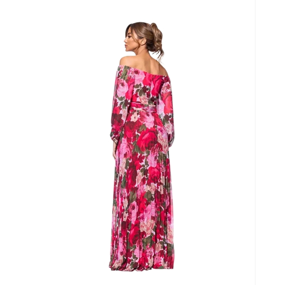 XSCAPE Floral Pleated Off-The-Shoulder Gown - Picture 2 of 10